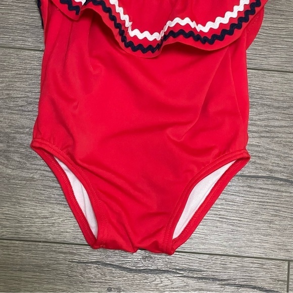 Janie and Jack Swimsuit Girls Red White Ruffle One Piece Ric Rac Retro Sz 6-12 M - Picture 3 of 7